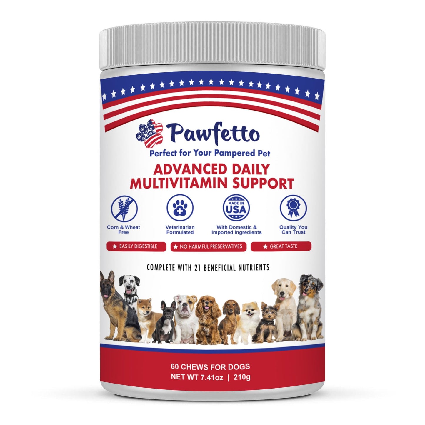 Pawfetto Advanced Daily Multivitamin Support for Dogs Multi-Vitamin and Mineral Supplement with Essential Fatty Acids and Antioxidants Vegetable Flavour Perfect For Your Pampered Pet (60 Dog Chews)