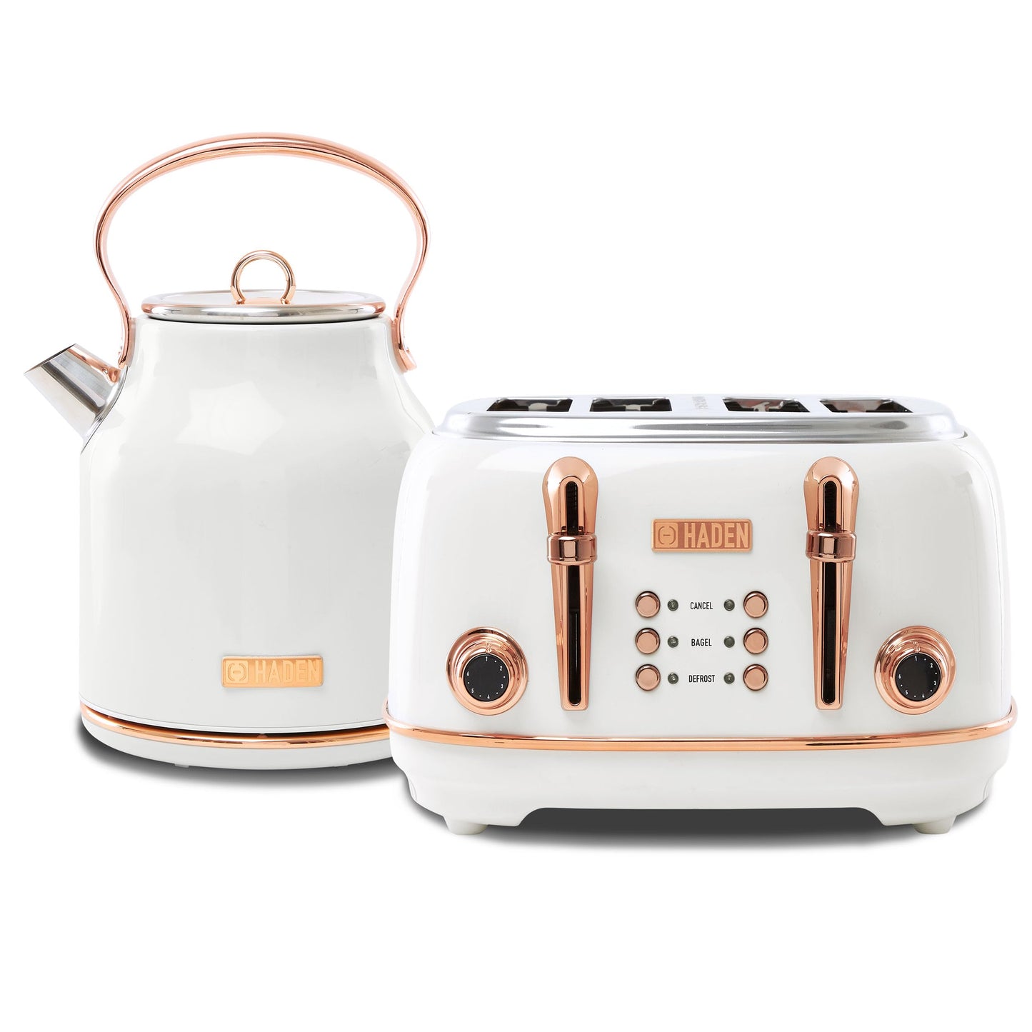 Haden Heritage 4 Slice Wide Slot Stainless Steel Toaster Bundled with 1.7 Liter Stainless Steel Electric Water Kettle Ivory & Copper