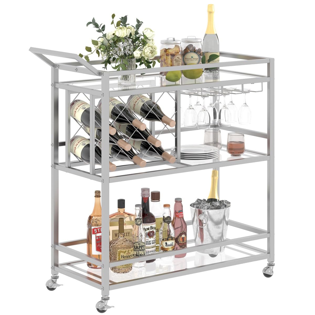 silver bar cart with wheels featuring three shelves, wine rack, and glass holder, perfect for serving drinks.