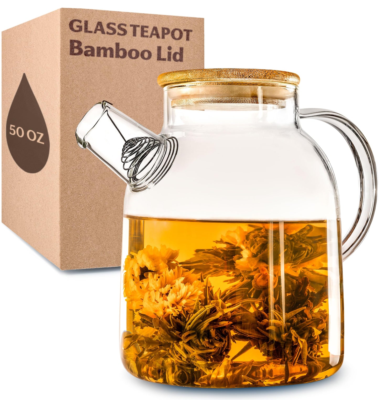 Glass Teapot Stovetop 50 Oz - Large Teapot with Strainer for Loose Leaf Tea - Glass Tea Kettle With Bamboo Lid - Borosilicate Clear Glass Teapot
