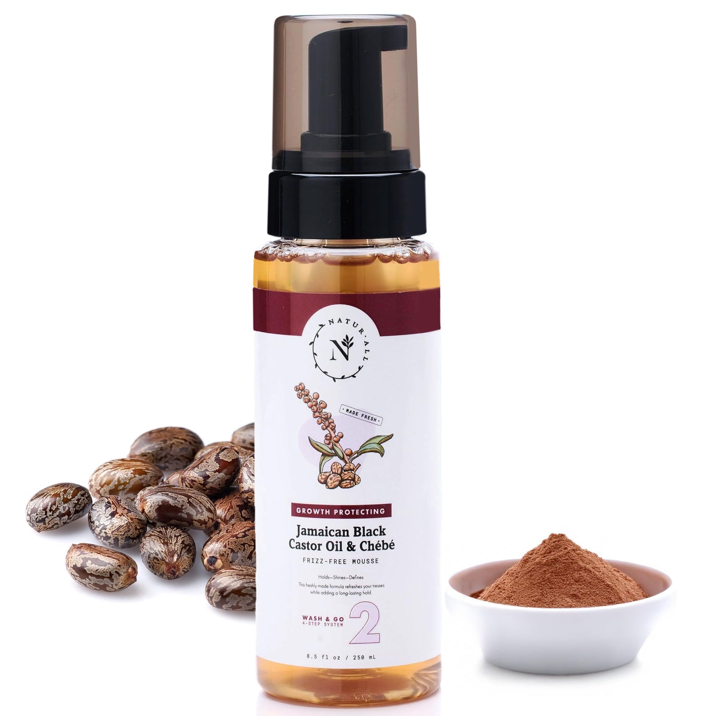 NaturAll Jamaican Black Castor Oil & Chebe Curly Hair Mousse - Sulfate-Free Lightweight Anti-Frizz Styling Foam for Defined Curls Long-Lasting Hold & Enhanced Shine (8.5 Oz)