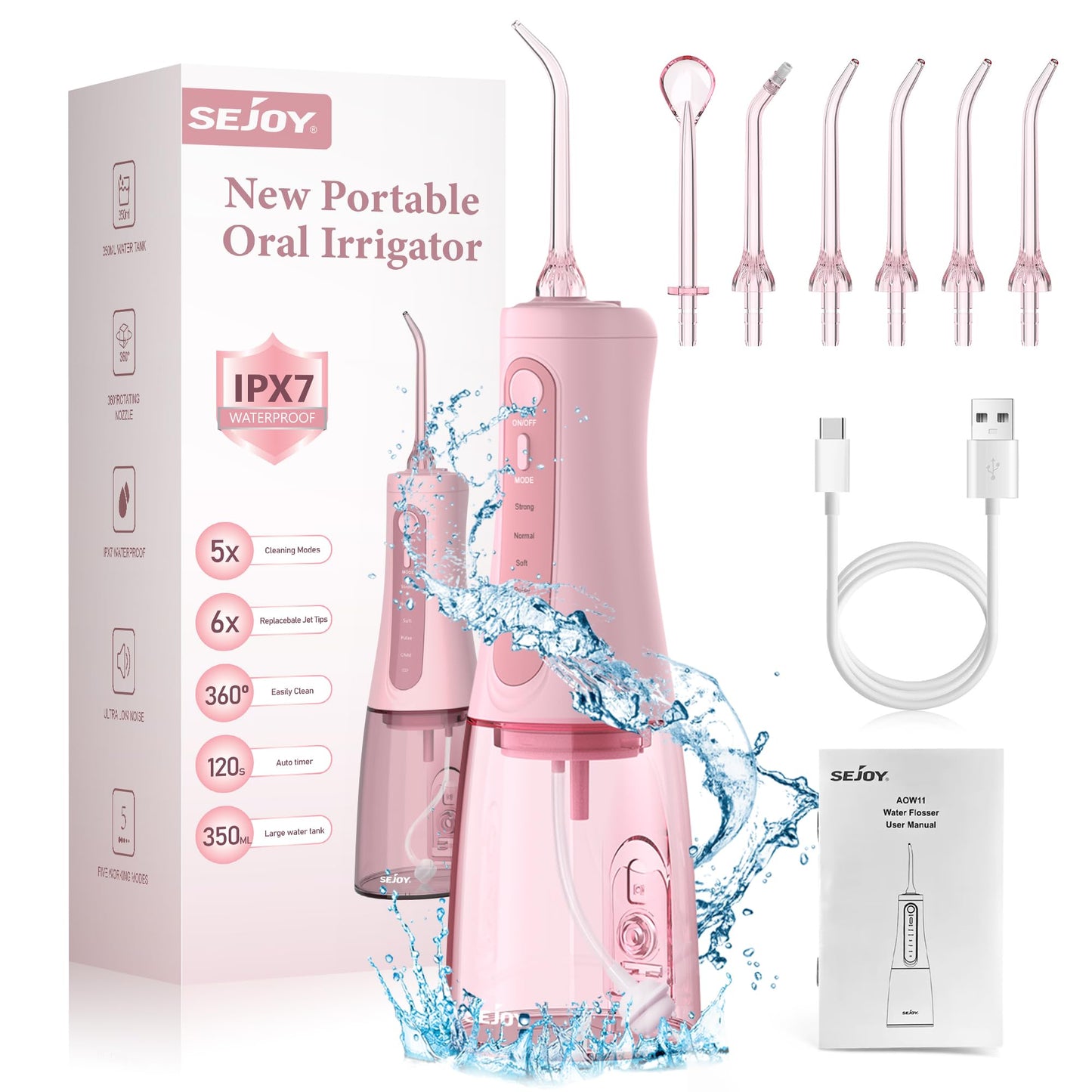 Water Dental for Teeth Cleaning and Flossing Water Flosser Electric Cordless Water Flosser for Braces for Kids Travel 5 Cleaning Modes 8 Jet Tips