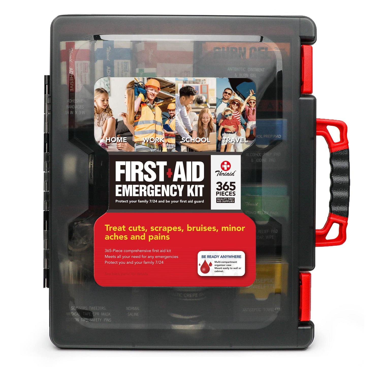 365 PCS First Aid Kit Well-Organized Durable Hard Case Wall-Mountable Trauma Medical Kits for Any Emergencies Ideal for Home Office Instructions Car Travel and More (Black)