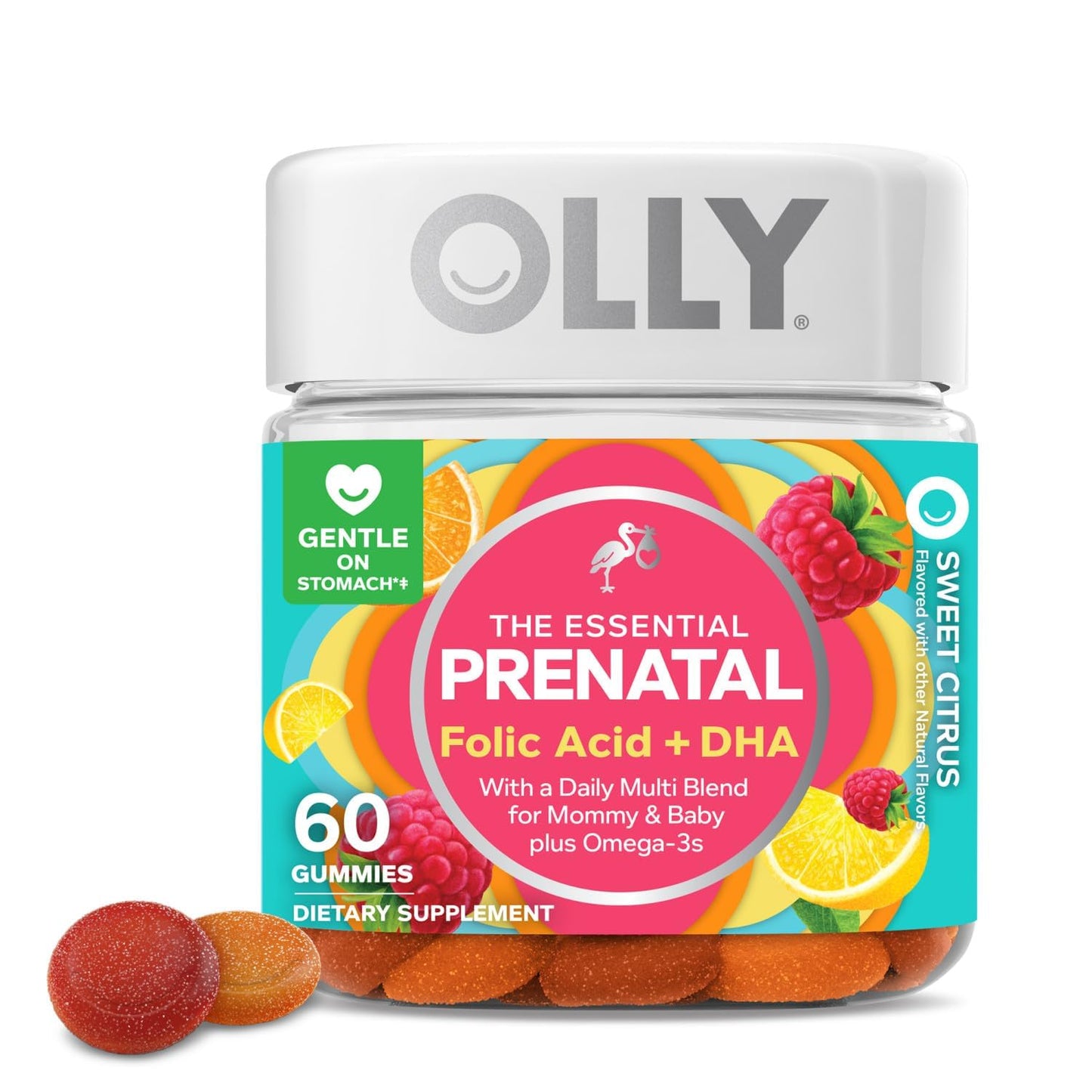 Olly The Essential Prenatal Gummy Multivitamin 30 Day Supply ( Gummies) Sweet Folic Acid Vitamin D Omega 3 DHA Chewable Supplement White Citrus 60 Count (Pack of 1)