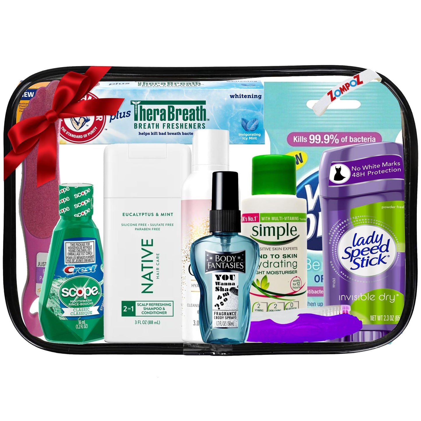 Valentines Day Womens Travel Toiletry Kit 10 Travel-Size Hygiene Essentials for Bath Shaving Personal Care in TSA-Compliant Transparent Bag Mini Toiletries Kit for Business Charity Womens Gift
