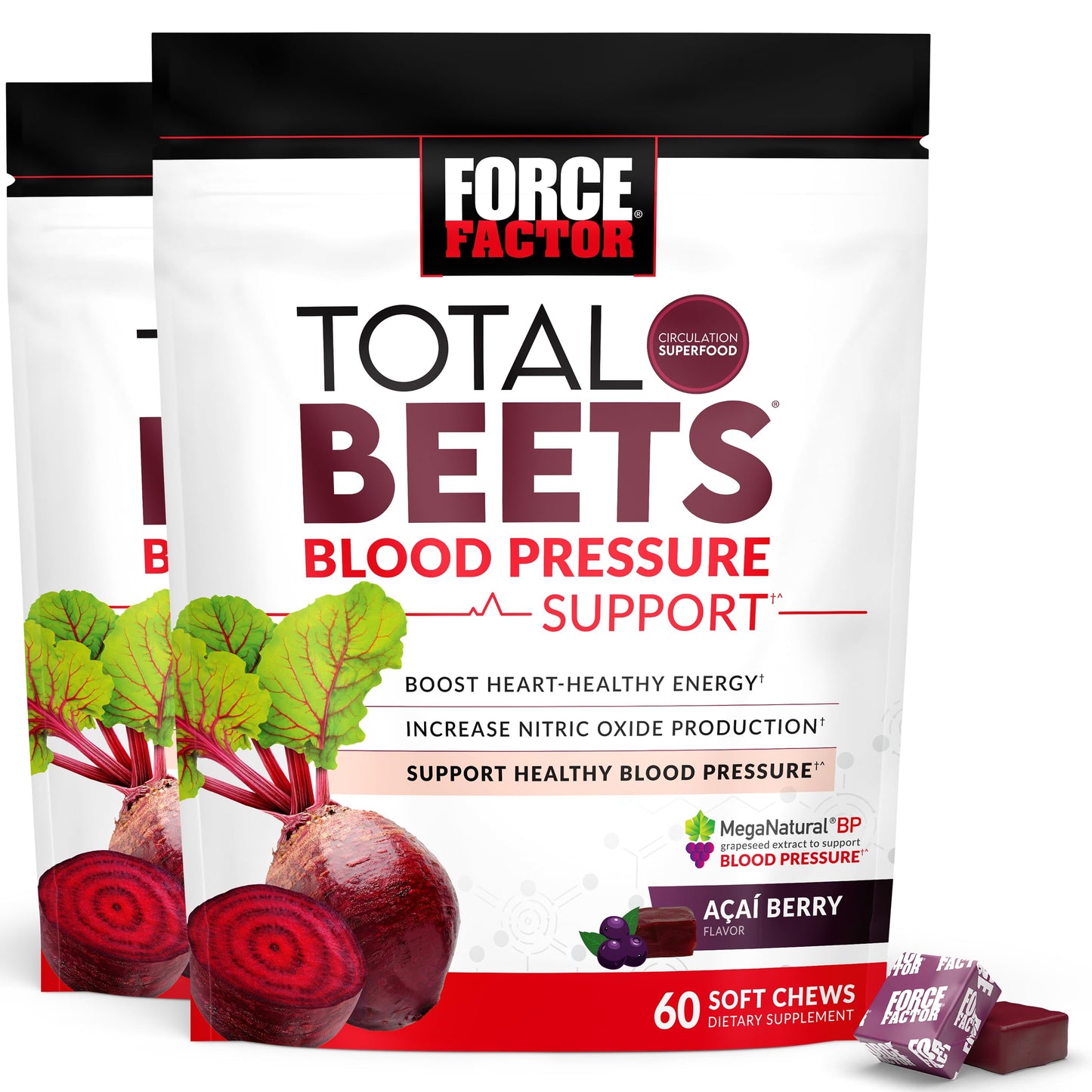 FORCE FACTOR Total Beets Blood Pressure Support Supplement Beets Supplements with Beets Powder Great-Tasting Beets Chewables for Heart-Healthy Energy and Increased Nitric Oxide 120 Chews 2-Pack