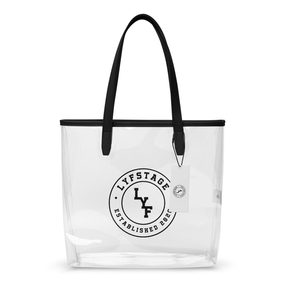 LYF Clear Tote Bag featuring a transparent design with stylish black handles and logo, ideal for concerts and everyday use.