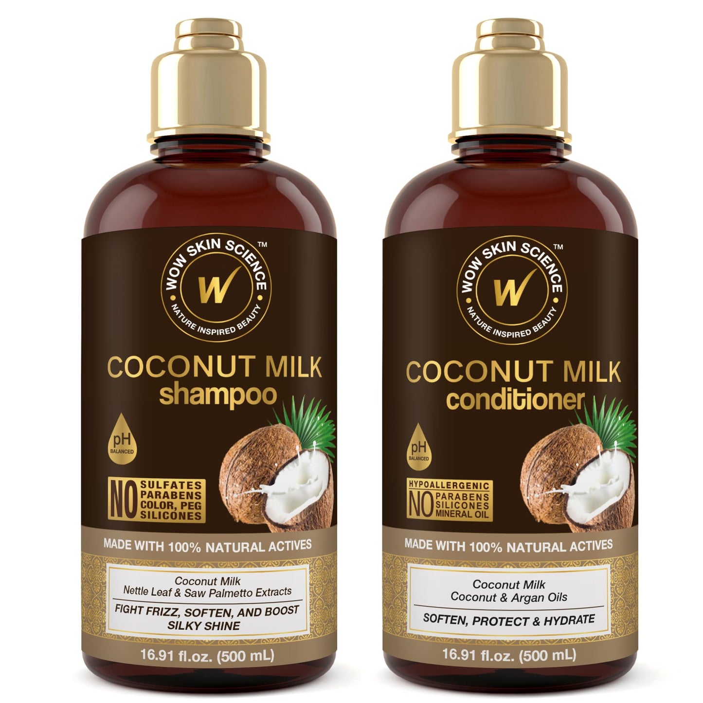 WOW Skin Science Coconut Milk Shampoo and Conditioner Set - Shampoo & Conditioner for Curly Hair - Paraben Sulfate Free - 33.82 Fl Oz