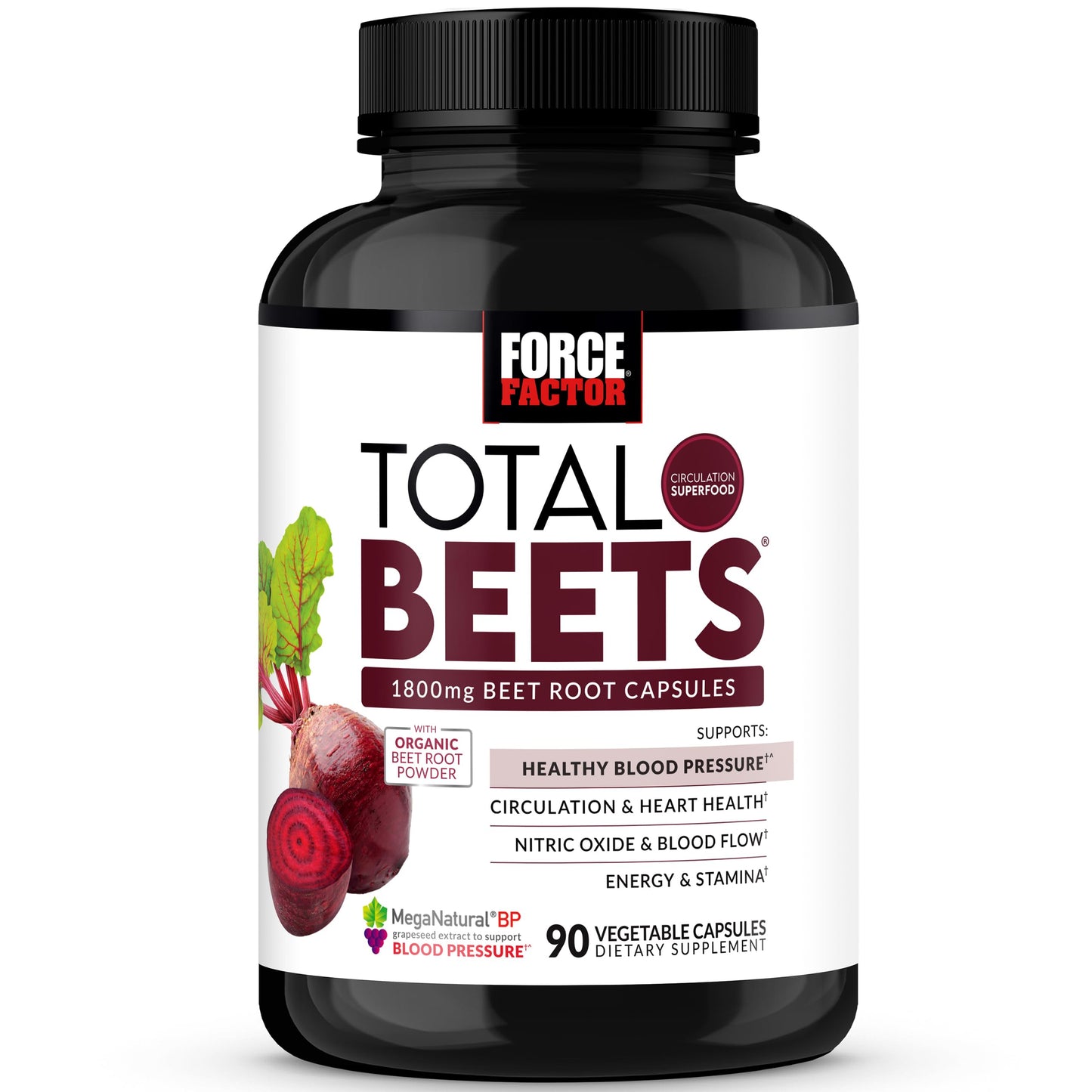 FORCE FACTOR Total Beets Blood Pressure Support Beet Root Capsules 1800mg Organic Beet Root Powder Beet Supplement to Support Circulation and Blood Flow 90 Vegetable Capsules