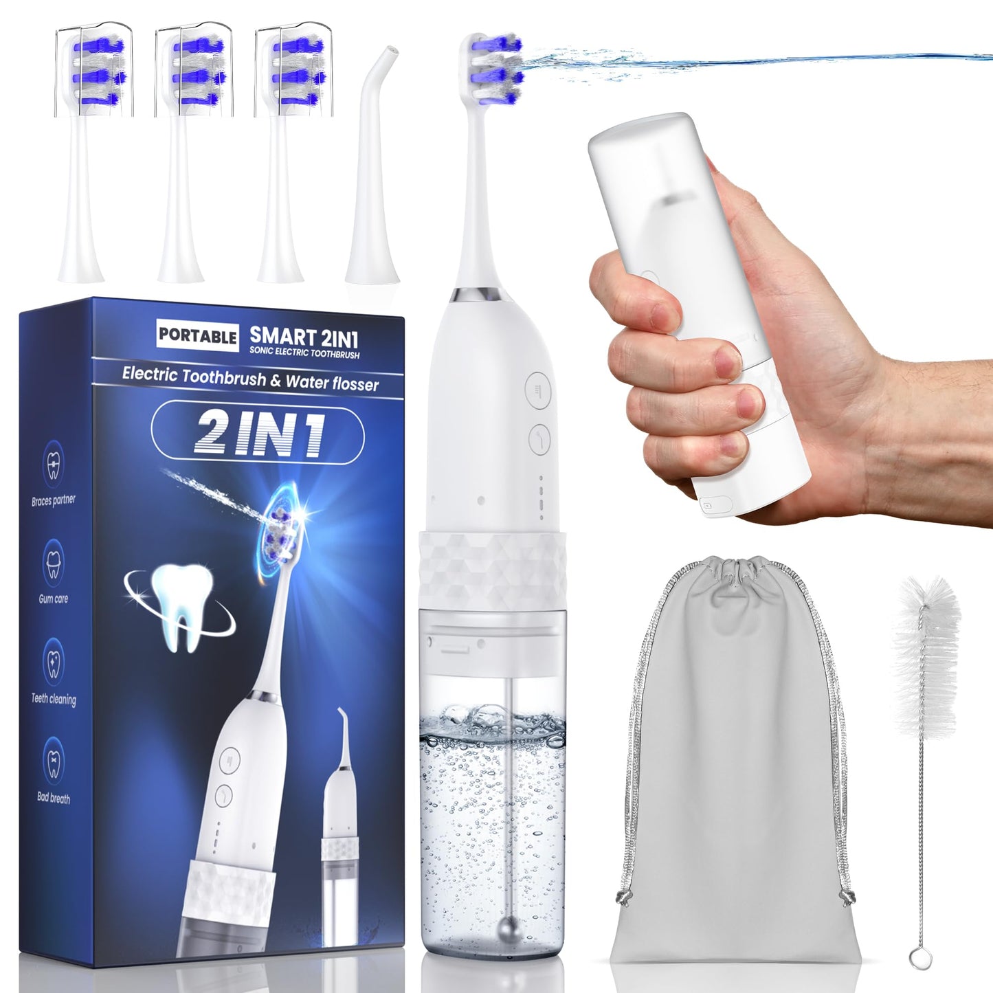 portable water flosser toothbrush combo - 2 in 1 kit with electric toothbrush and water flosser features.