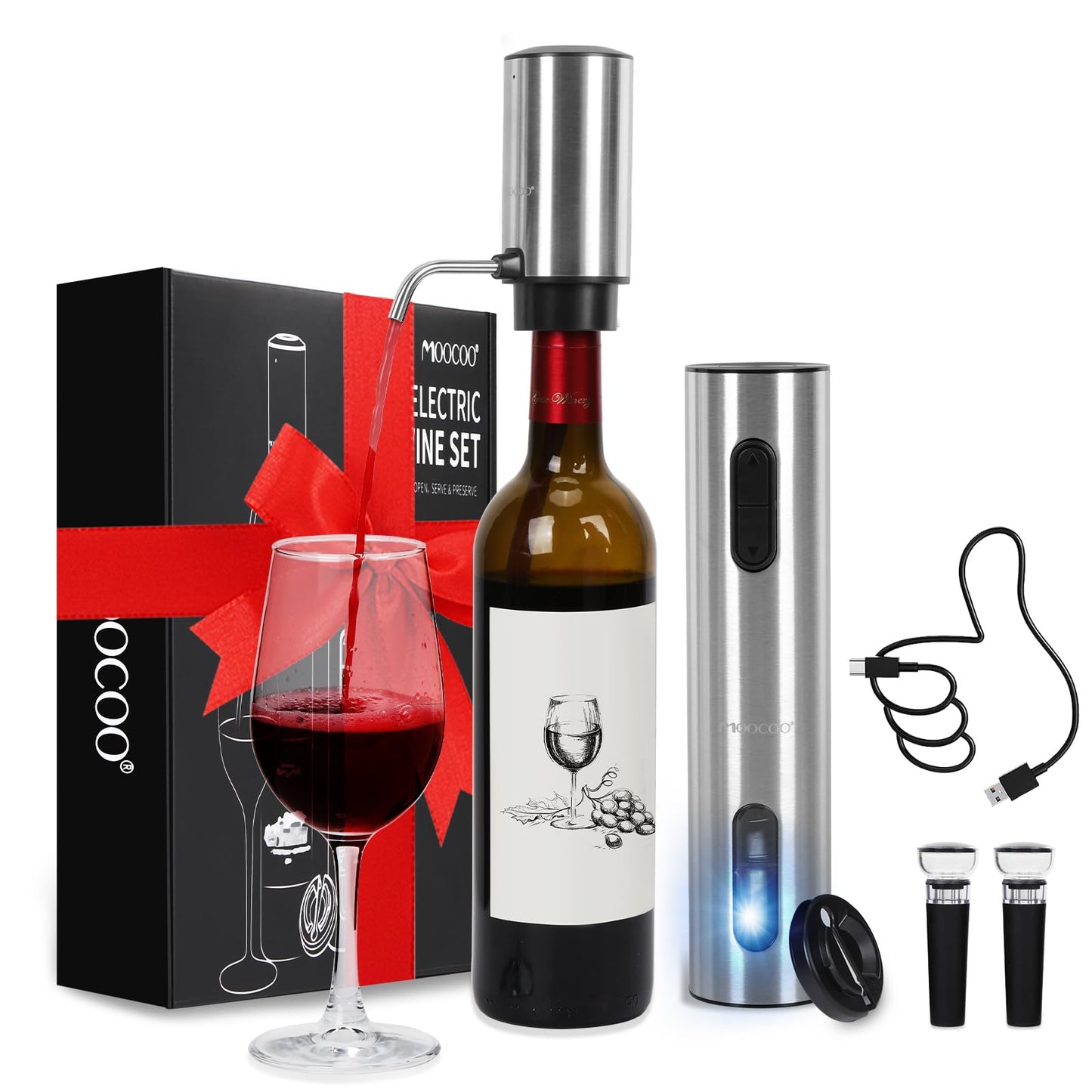 Moocoo Electric Wine Opener Gift Set Automatic Electric Wine Bottle Corkscrew Opener Rechargeable with Foil Cutter Automatic Aerator 2 Vacuum Stoppers for Home Bar Outdoor Parties Stainless Steel