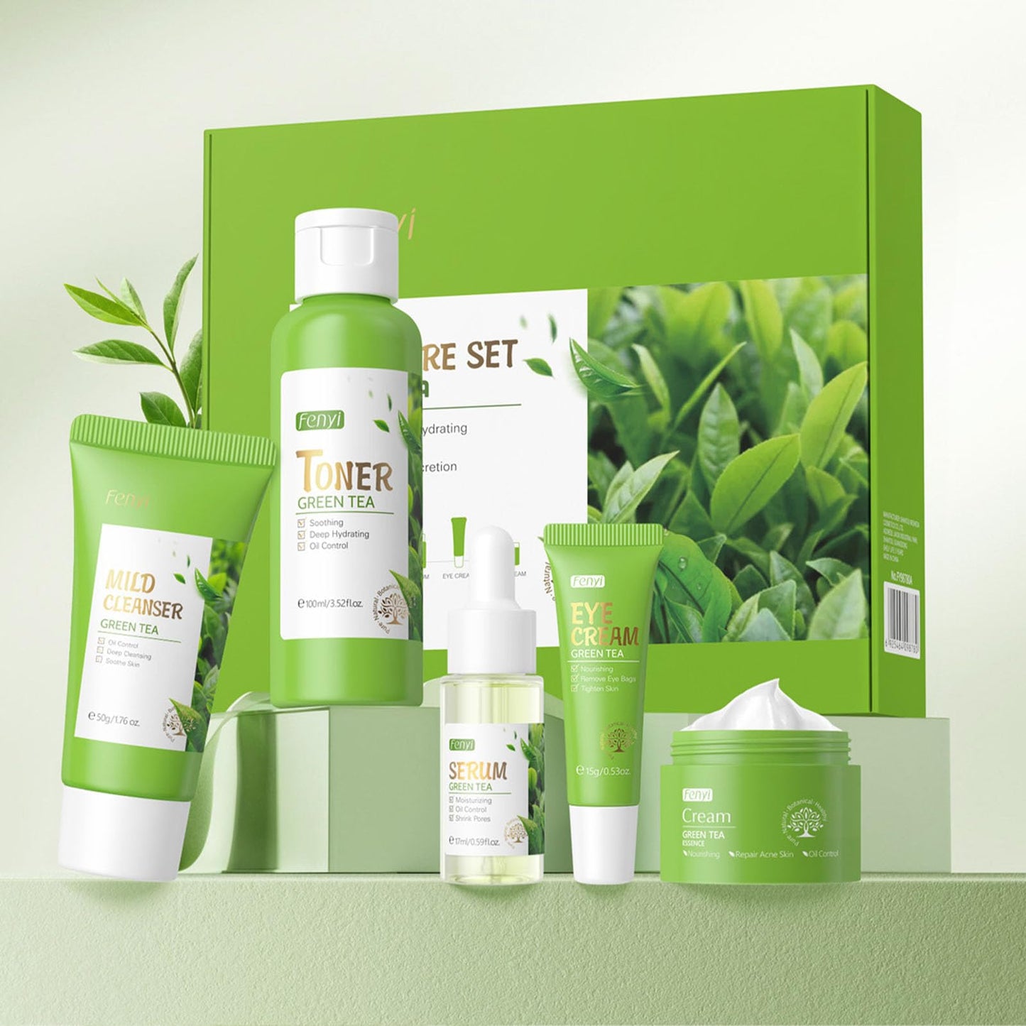 Green Tea Skincare Set 5 Pcs Skincare Gift Set with Cleanser Face Serum Face Cream Eye Cream Toner Skincare Kits For Teen Girls Hydrating Facial Kit For Women
