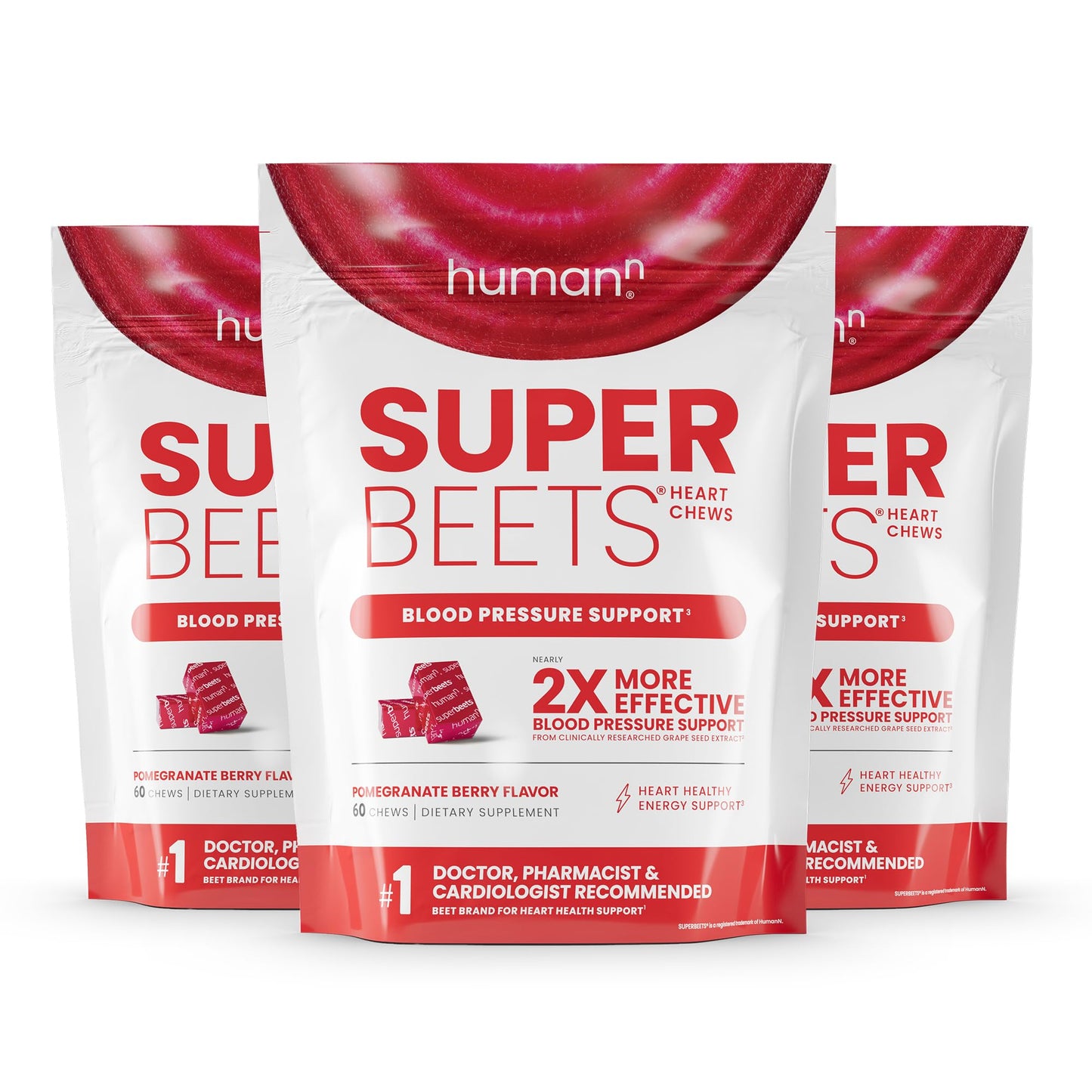humanN SuperBeets Heart Chews Nitric Oxide and Blood Pressure Support Grape Seed Extract & Non-GMO Beet Root Powder Energy Chew Pomegranate Berry Flavor 180 Count