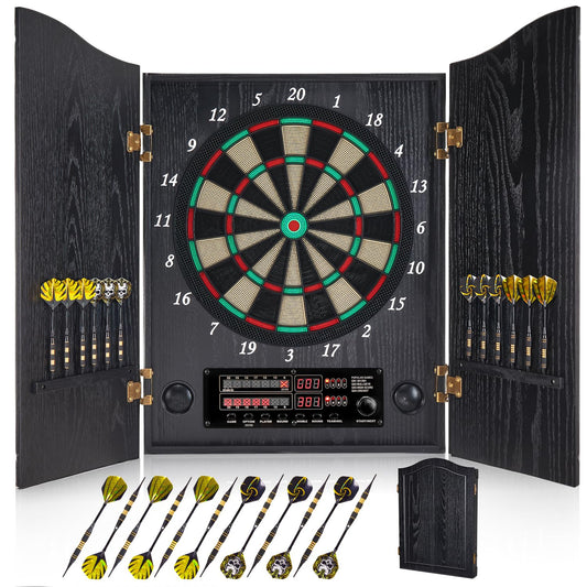 Yirinatek Electronic Dart Board Decorative Dart Board Cabinet Set for Adults [12*Bronze Soft Tip Darts] [Cricket Game Mode]- Wooden Electric Dartboard Cabinet for Family Game Rooms [Black]