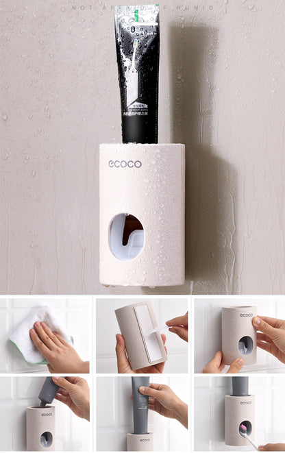 Automatic Wall-Mounted Toothpaste Dispenser (Single) in a bathroom setting with a toothpaste tube.