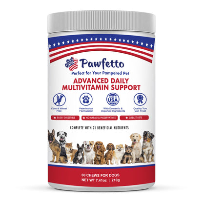 Pawfetto Advanced Daily Multivitamin Support for Dogs Multi-Vitamin and Mineral Supplement with Essential Fatty Acids and Antioxidants Vegetable Flavour Perfect For Your Pampered Pet (60 Dog Chews)