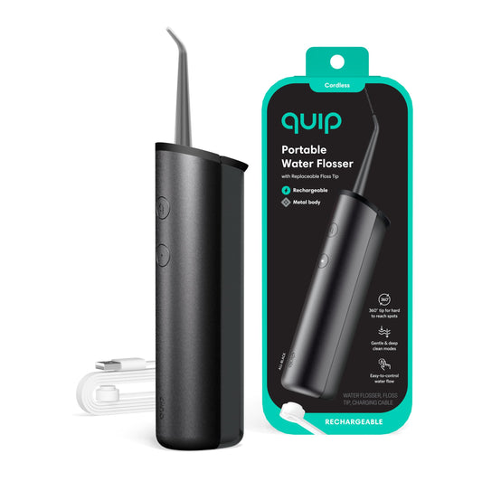 quip Water Flosser - Cordless Water Flosser with Adjustable Water Pressure - Water Teeth Cleaner Pick with 360 Degree Rotating Replaceable Tip Rechargeable Water Dental Pick Metal Handle - All-Black on white background.