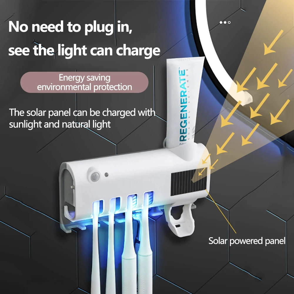 UV Light Sterilizer Toothbrush Holder Cleaner & Automatic Toothpaste Dispenser with solar powered panel and energy-saving features.