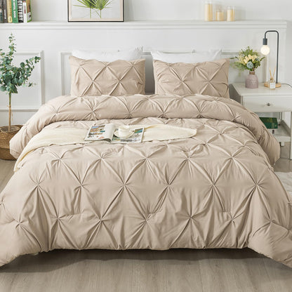 Andency Khaki Pinch Pleat Comforter Full(79x90Inch) 3 Pieces(1 Pintuck Comforter and 2 Pillowcases) Pintuck Comforter Set Microfiber Down Alternative Comforter All Season Bedding Set