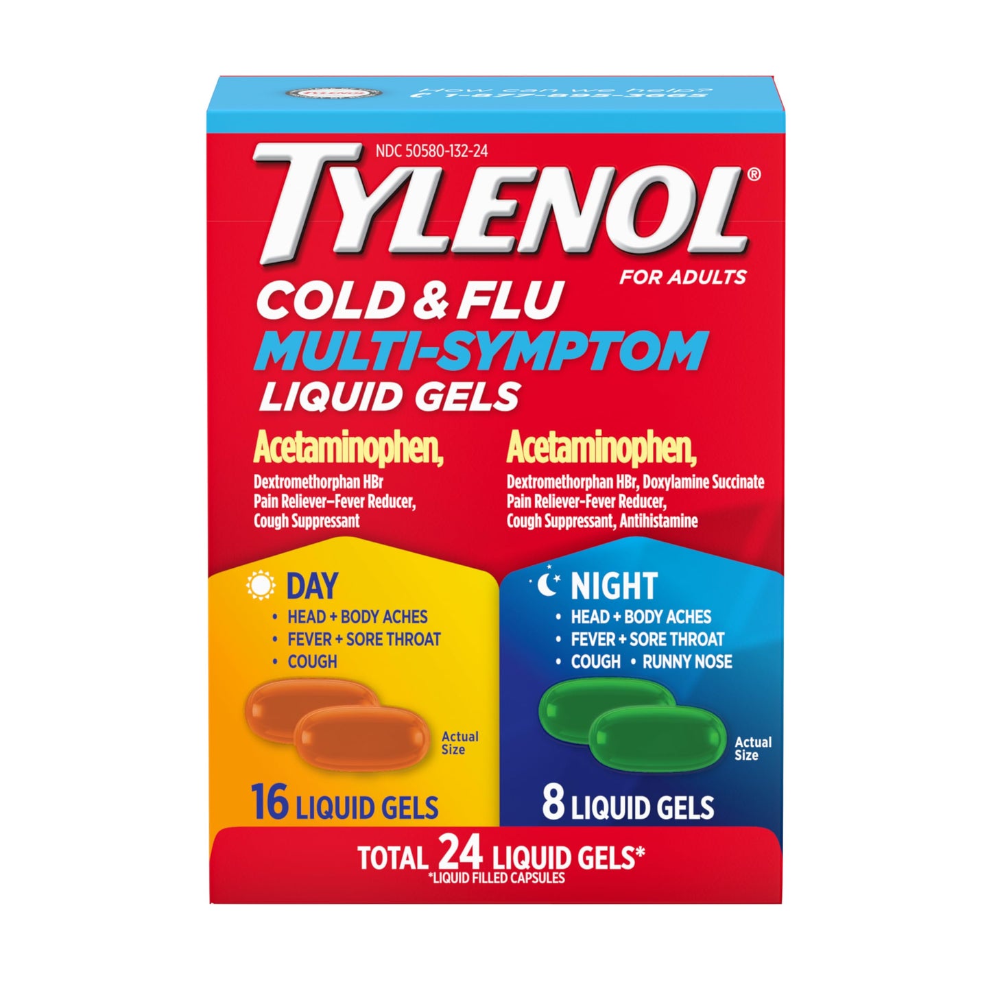 Tylenol Day & Night Cold & Flu Multi-Symptom Liquid Gels Combo Pack Cold & Flu Relief Medicine Pain Reliever & Fever Reducer + Cough Suppressant & Antihistamine 24 ct
