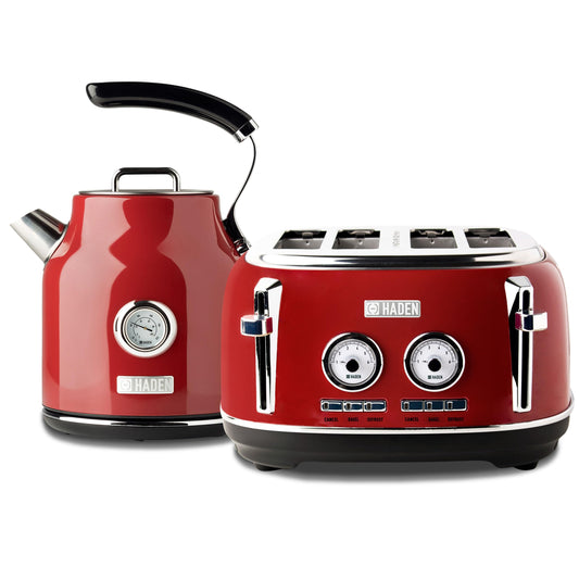 Haden Dorset 1.7 Liter Stainless Steel Countertop Electric Tea Kettle with 4 Slice Wide Slot Stainless Steel Bread Bagel Toaster Red
