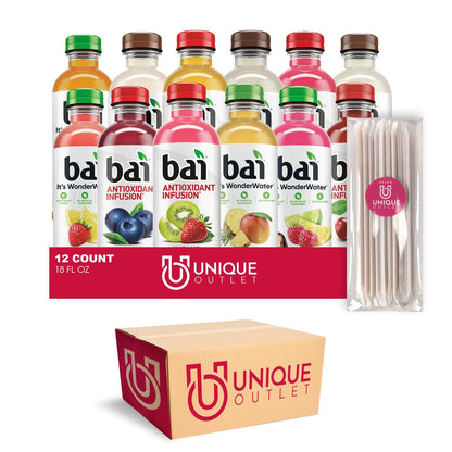 Bai Collection 12-Pack Antioxidant Infused Drink 18 fl oz Plastic Bottle + 25 Sugarcane Food Grade Disposable Straws by Unique Outlet Brand