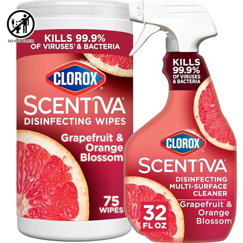Scentiva Clorox Disinfecting Multi-Surface Cleaner Spray 32 Ounce & Disinfecting Wipes-75 Count Tahitian Grapefruit Splash Scent Bundle
