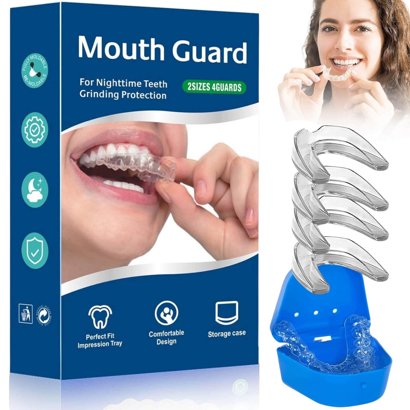 moldable mouth guard for teeth grinding - 4 pieces and storage case for easy use and cleaning.