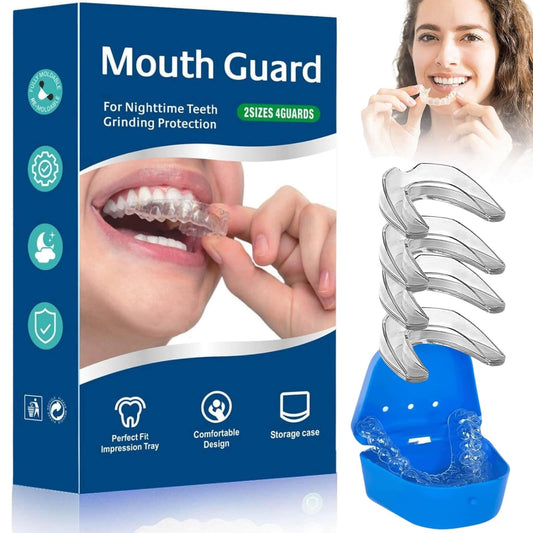 moldable mouth guard for teeth grinding - 4 pieces and storage case for easy use and cleaning.