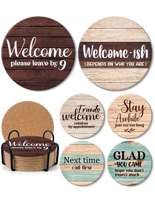 Lukifana Funny Farmhouse Bar Cork Drink Coasters Set of 6 with Holder Absorbent Drinks Coasters for Farmhouse Office Cork Coasters for Kitchen Coffee Table House Warming Gifts New Home
