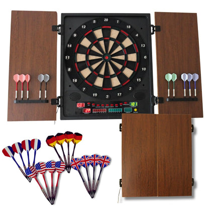 Dartboard Professional Electronic Dart Board with LED Digital Scoreboard Wooden MDF Cabinet 27 Games 202 Variations Includes 16 Soft Tip Darts & 16 Replacement Tips Perfect for Adults Game Room