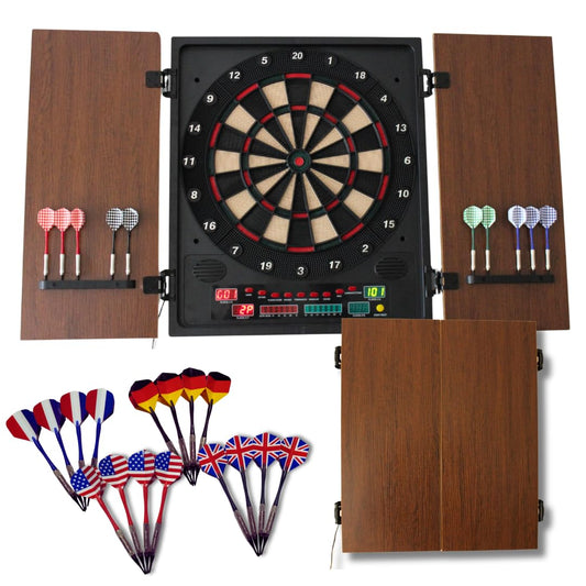 Dartboard Professional Electronic Dart Board with LED Digital Scoreboard Wooden MDF Cabinet 27 Games 202 Variations Includes 16 Soft Tip Darts & 16 Replacement Tips Perfect for Adults Game Room