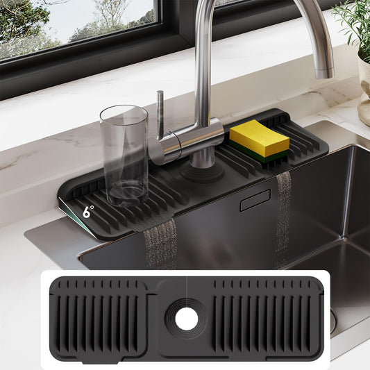24 Inch Silicone Faucet Mat for Kitchen Sink Splash Guard Behind Faucet6°Slope Sink Water Splash Guard Draining Mat for Kitchen Sink Area Faucet Mat for Bathroom Sink with Fasten Button-Black