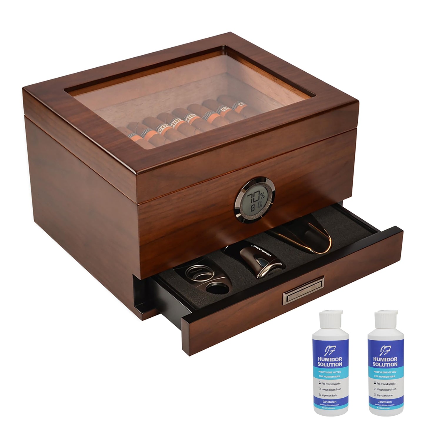 Cigar Humidors Handcrafted Spanish Cedar Glass Top Humidor Cigar Desktop Box Accurate Digital Hygrometer with 2 Humidor Solution(25-55 Cigars) by Jansfuren