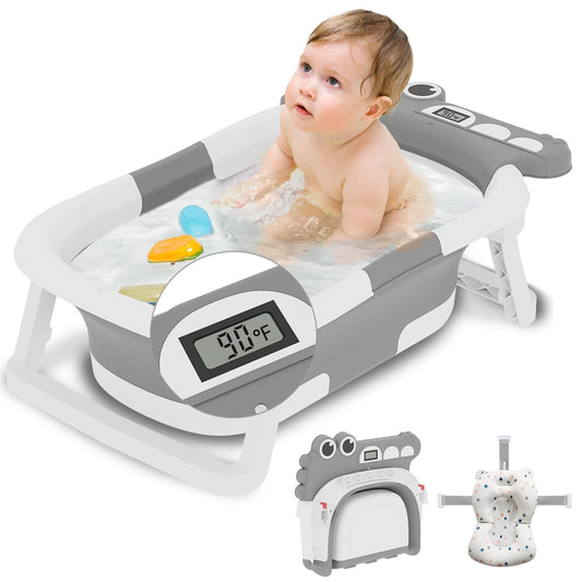 napei Collapsible Baby BathtubBaby Bath Tub with Soft Cushion & ThermometerBaby Bathtub Newborn to Toddler 0-36 MonthsPortable Travel Baby TubGray