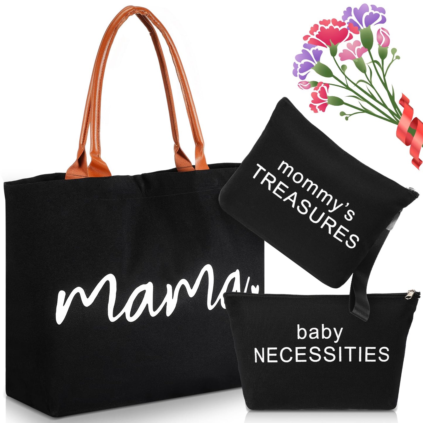 Sanwuta 3 Pcs Mommy Bag for Hospital Diaper Bag Tote Mom Hospital Bag for Labor and Delivery Black Canvas Tote Bag Pouch Mom Diaper Bag for Mothers Day Gift