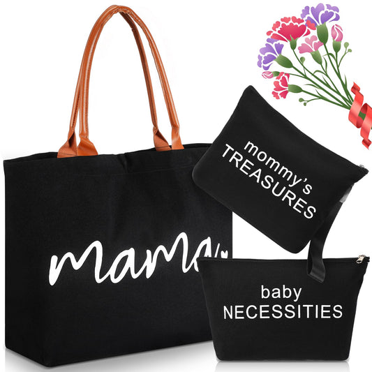 Sanwuta 3 Pcs Mommy Bag for Hospital Diaper Bag Tote Mom Hospital Bag for Labor and Delivery Black Canvas Tote Bag Pouch Mom Diaper Bag for Mothers Day Gift