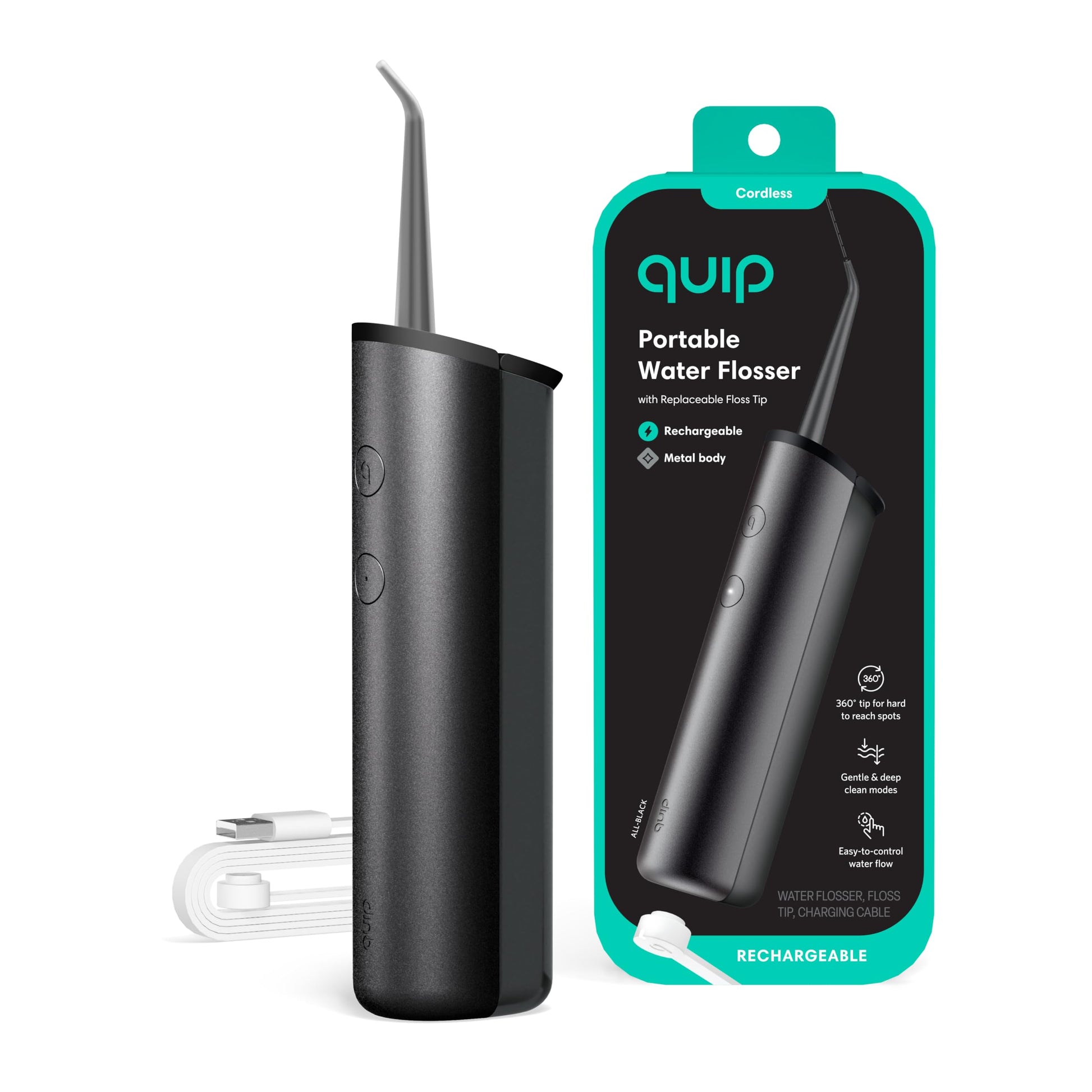 quip Water Flosser - Cordless Water Flosser with Adjustable Water Pressure - Water Teeth Cleaner Pick with 360 Degree Rotating Replaceable Tip Rechargeable Water Dental Pick Metal Handle - All-Black