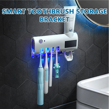 UV Light Sterilizer Toothbrush Holder Cleaner & Automatic Toothpaste Dispenser with smart toothbrush storage design.