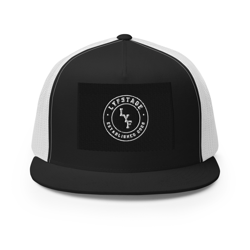 LYF 5 Panel Trucker Cap | Yupoong 6006 in black and white with logo design on the front.