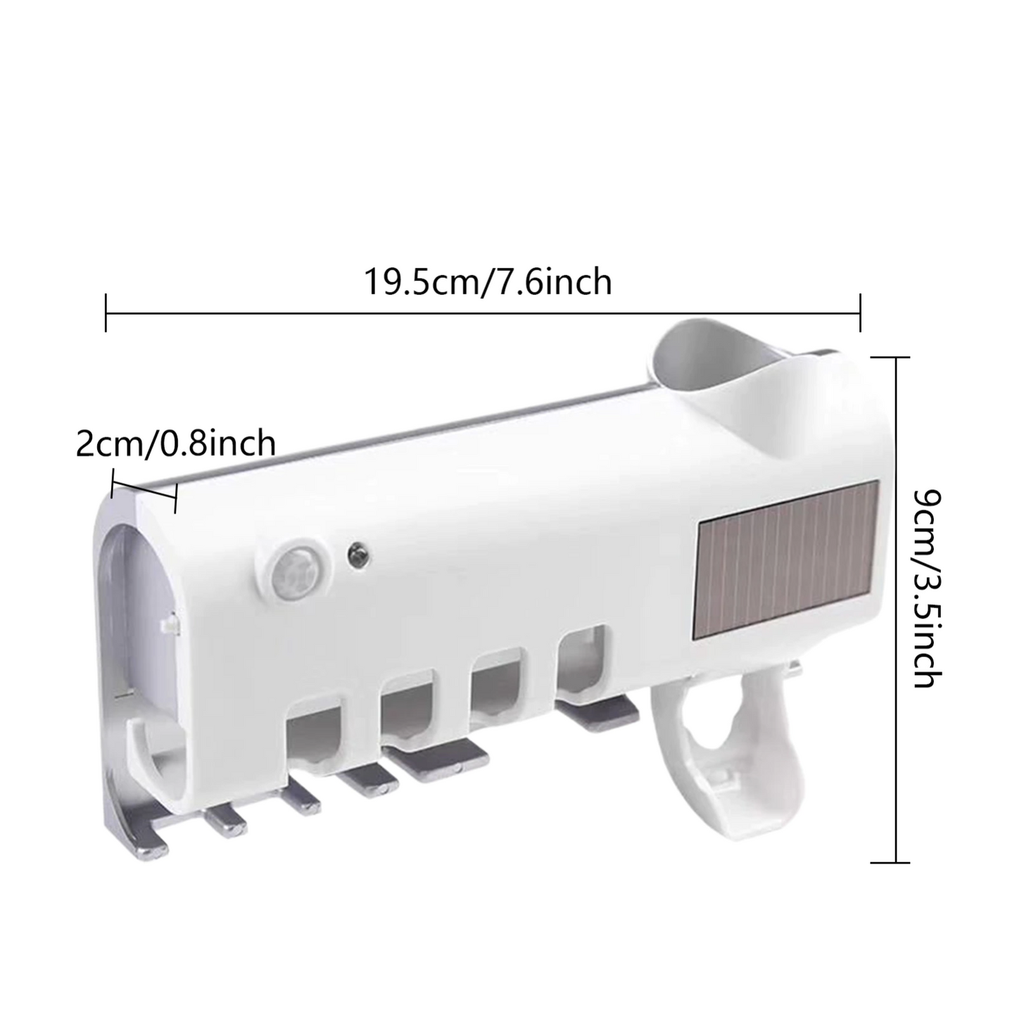 UV Light Sterilizer Toothbrush Holder Cleaner & Automatic Toothpaste Dispenser with dimensions 19.5cm x 9cm x 2cm.