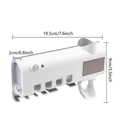 UV Light Sterilizer Toothbrush Holder Cleaner & Automatic Toothpaste Dispenser with dimensions 19.5cm x 9cm x 2cm.