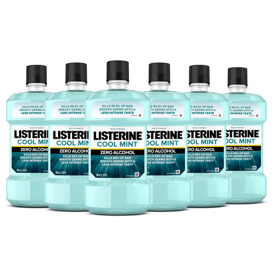 Listerine Mouthwash Zero Alcohol Germ Killing Less Intense Formula Bad Breath Treatment Alcohol Free Mouth Wash for Adults; Cool Mint Flavor 500 mL 6 Pack