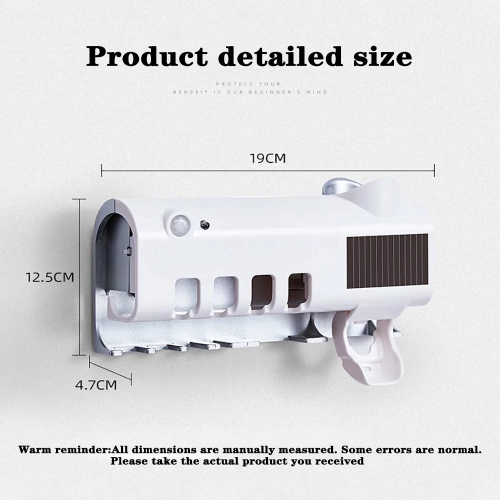 UV Light Sterilizer Toothbrush Holder Cleaner & Automatic Toothpaste Dispenser with detailed size dimensions
