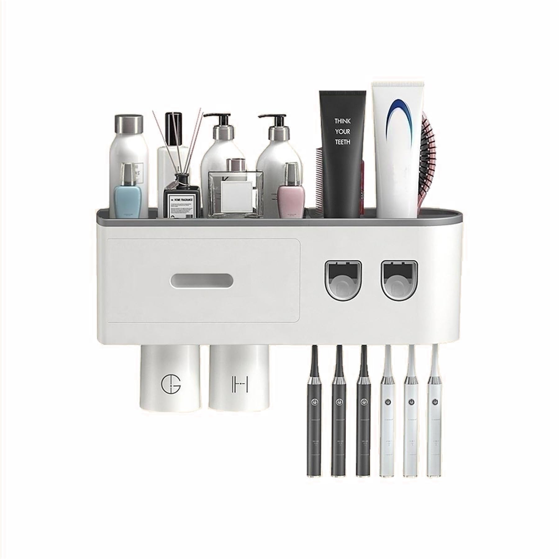 Automatic toothpaste dispenser with cups and bathroom organizer for toothbrushes and toiletries.