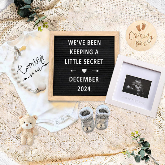 Pregnancy Announcement Baby Announcement Ideas Set Include Felt Letter Board Baby Onesie Baby Booties Photo Frame Wooden Sign and Bear Plush Baby Announcement Props Coming Soon Baby Announcement