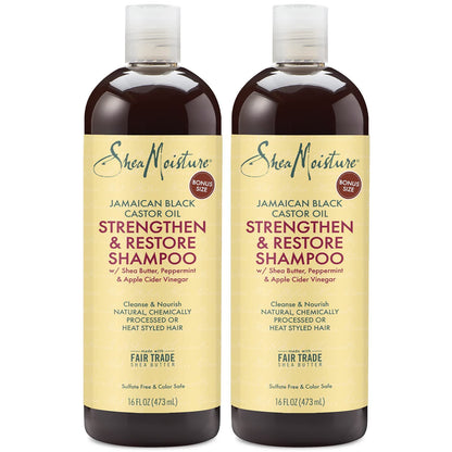 SheaMoisture Jamaican Black Castor Oil Strengthen & Restore Shampoo Shea Butter Peppermint & Apple Cider Vinegar Sulfate Free Chemically Processed Hair Family Size (2 Pack -16 Fl Oz Ea)