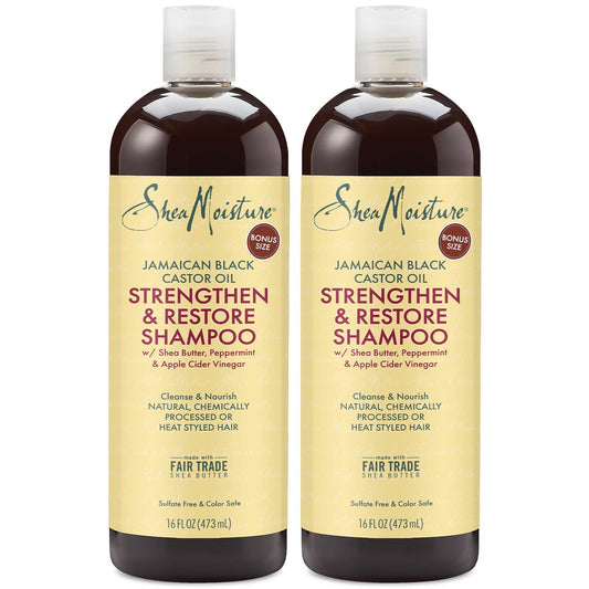 SheaMoisture Jamaican Black Castor Oil Strengthen & Restore Shampoo Shea Butter Peppermint & Apple Cider Vinegar Sulfate Free Chemically Processed Hair Family Size (2 Pack -16 Fl Oz Ea)