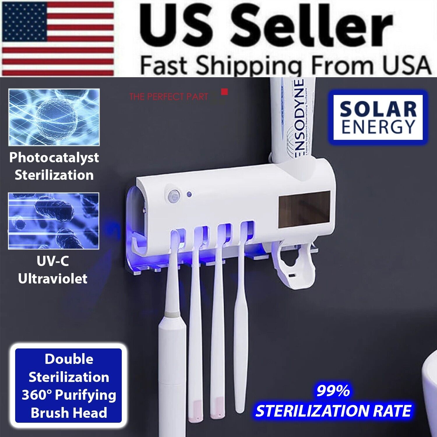 UV Light Sterilizer Toothbrush Holder Cleaner & Automatic Toothpaste Dispenser with solar energy and 99% sterilization rate
