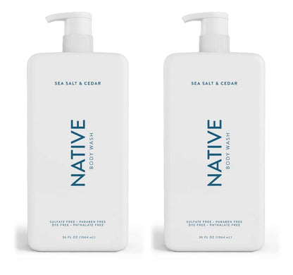 Native Body Wash for Women Men | Sulfate Free Paraben Dye with Naturally Derived Clean Ingredients 36 oz bottle pump- 2 Pack (Sea Salt & Cedar) 72 Fl Oz